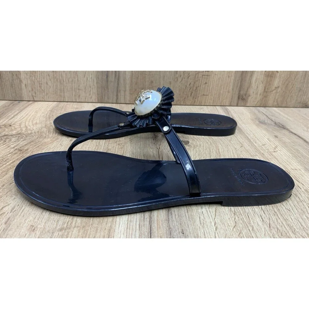 Tory Burch Jelly Thong Sandals Black Gold Logo Pearl Medallion Women's Size 9